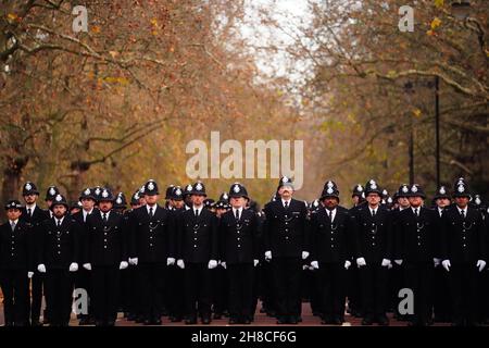 Police officers from the Metropolitan Police during a memorial to remember and celebrate the life of Metropolitan Police Sergeant Matt Ratana, at The Royal Military Chapel in Westminster, London. Picture date: Monday November 29, 2021. Stock Photo