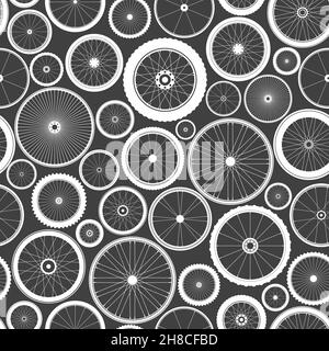 Seamless pattern with bicycle wheels. Bike rubber tyre silhouettes. Fitness cycle, road and mountain bike. Vector illustration. Stock Vector