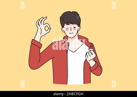 Gesture sign and good luck concept. Young man wearing red shirt standing and showing ok sign with hands fingers vector illustration  Stock Vector