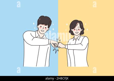 Friendship, collaboration and and mutual support concept. Young smiling colleagues man and woman standing and bumping fists from both sides blue and yellow vector illustration  Stock Vector