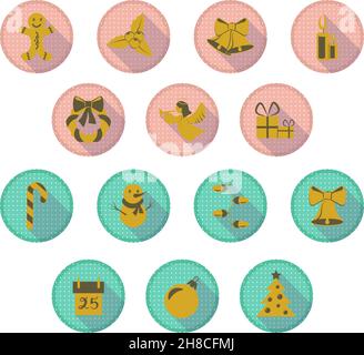 Set of minimal isolated Christmas icons drawing in flat style with long drop shadow Stock Vector