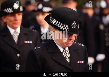 Police officers outside the chapel during a memorial service to remember and celebrate the life of Metropolitan Police Sergeant Matt Ratana at The Royal Military Chapel in Westminster, London. Picture date: Monday November 29, 2021. Stock Photo