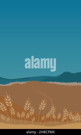Rural landscape with wheat field and the blue sky on background. Stock Vector