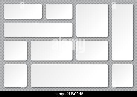 Set of blank paper banners with shadows on transparent background. Adhesive stickers, labels with rounded corners. Vector illustration. Stock Vector