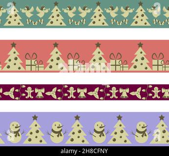 Set of seamless borders and frames decorated with festive Christmas ornament Stock Vector