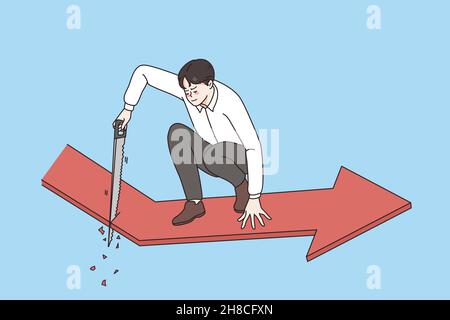 Business danger and risks concept. Young asian businessman sitting and cutting red arrow forward meaning dangerous situation for business vector illustration  Stock Vector