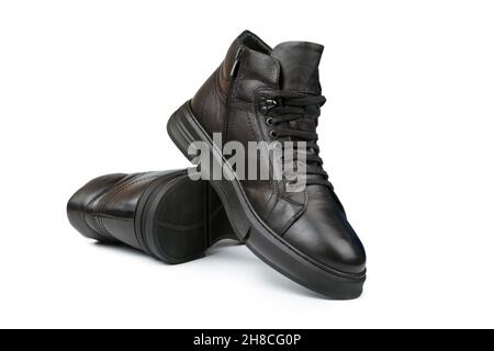 Black leather autumn sneakers for men isolated on white background Stock Photo