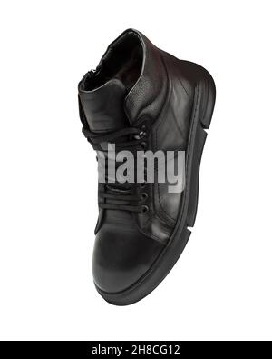 Black leather autumn sneakers for men isolated on white background. With clipping path Stock Photo