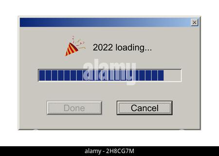 2022 loading notification message in classic retro style of system user interface vector illustration. Retro download bar and buttons, window design m Stock Vector
