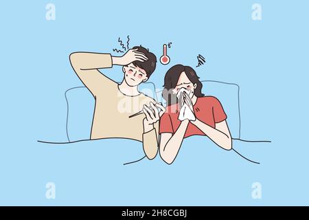 Fever and getting cold concept. Young couple man and woman staying in bed with high temperature feeling ill sick and having flu vector illustration  Stock Vector