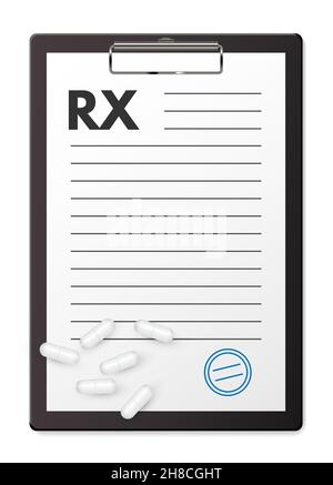 Prescription rx medical pad and pharmacy drug pills vector illustration. Realistic 3d medicine paper blank, document form from doctor pharmacist for p Stock Vector