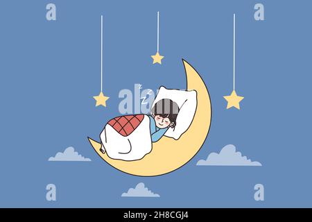 Good sleep and sweet dreams concept. Small kid with smile on face lying in bed on moon sleeping having sweet dreams with falling hanging stars from sky vector illustration  Stock Vector