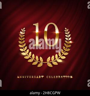 Anniversary celebration logo with golden number ten template. Birthday, jubilee or wedding with laurel sign vector illustration. Invitation to celebra Stock Vector
