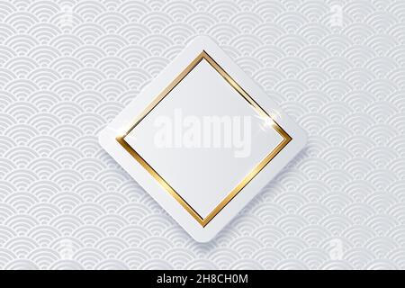 Realistic vector sparkling shiny glowing golden rhombus on white button isolated on abstract chinese traditional oriental ornament pattern with wave. Stock Vector