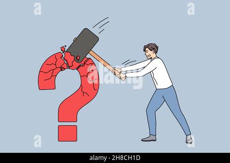 Businessman hold hammer crash huge question mark find business solution to problem. Male employee or worker look for trouble solving, make decision or choice. Vector illustration, cartoon character.  Stock Vector