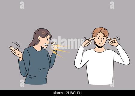 Angry woman scream yell at ignorant husband closing ears not to hear. Mad furious wife shout at man avoid ignore fight or quarrel. Family misunderstanding, breakup, divorce. Vector illustration.  Stock Vector