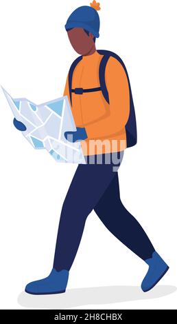 Man with map in orange coat semi flat color vector character Stock Vector