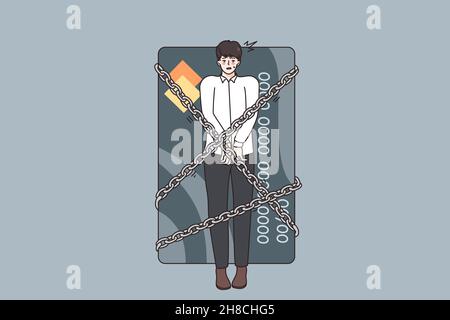 Financial crisis and debts concept. Young stressed man being locked with chains to huge credit card having debts as slave over grey background  Stock Vector