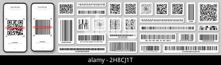 Product barcodes and QR codes. Smartphone application, scanner app. Identification tracking code. Serial number, product ID with digital information Stock Vector