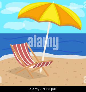 Beach umbrella and sun lounger on the beach with sand against the background of the sea and sky Stock Vector