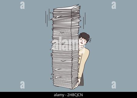 Overwork and pressure at work concept. Young stressed man worker carrying huge stack heap of papers documents feeling tired vector illustration  Stock Vector