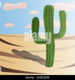 A green cactus in the desert with thorns and a shadow stands on the sand against the blue sky Stock Vector