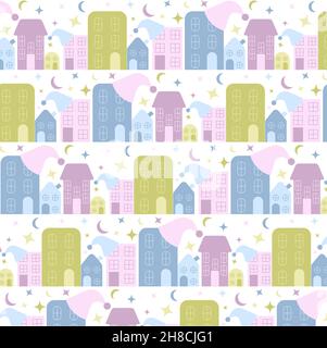 Pattern with houses with stars and moon in pastel colors Stock Vector
