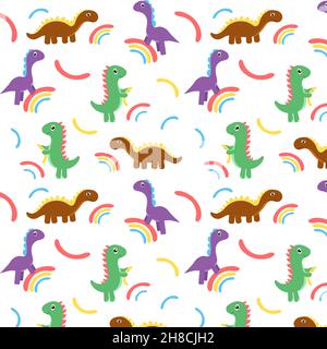 Multicolored childish pattern with dinosaurs and rainbow Stock Vector