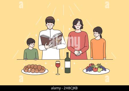Religious education and spirituality concept. Jew family with children standing with religion book praying all together before meal vector illustration  Stock Vector