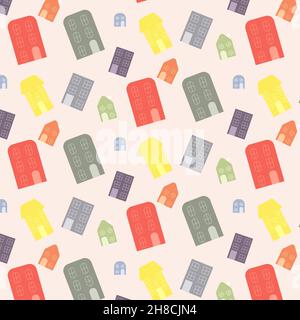 Simple seamless pattern with colorful houses at different angles Stock Vector
