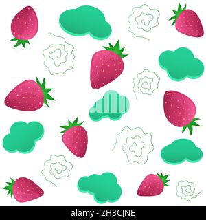 Pattern with strawberries, adding clouds and lines on a white background Stock Vector