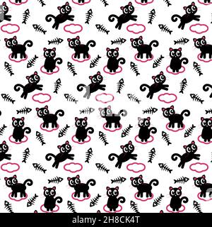 Pattern with black cats on a pink cloud with fish skeleton Stock Vector