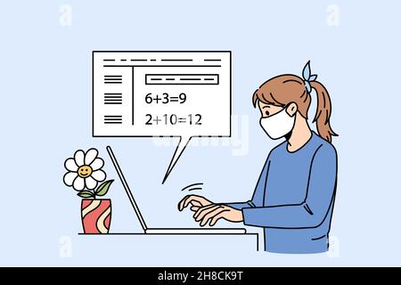 Sick girl in facemask study online on laptop at home quarantine. Ill child learner in facial mask have remote class on computer on lockdown. Distant education, covid-19. Flat vector illustration.  Stock Vector