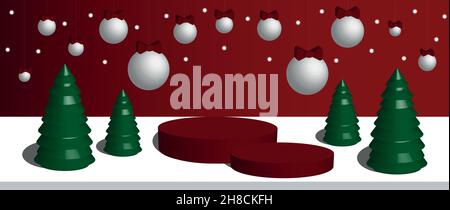 Christmas 3d background. Red cylindrical 3d podiums, on red christmas background, with christmas 3d tree and christmas balls with bow. Promotional Stock Vector