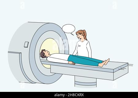 Man undergo tomography screening in modern hospital. Unhealthy sick male patient have body section laminography in clinic, suffer from health problems. Healthcare, medicine. Vector illustration.  Stock Vector