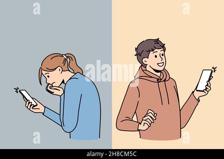 People using smartphones get bad and good messages on social media. Happy and sad man and woman with cellphone feel emotional with notifications or text. Addiction, technology. Vector illustration.  Stock Vector