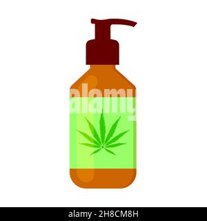 CBD oil lotion with cannabis leaf on label. Hemp cosmetic product for skin or hair in bottle isolated on white background. Cannabidiol for woman beauty care. Vector cartoon illustration Stock Vector