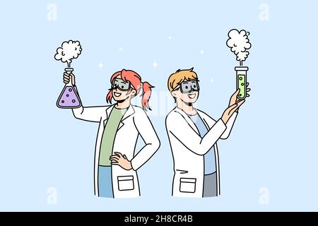 Happy kids in medical uniform do science experiments at chemistry class at school. Smiling children have fun experiment in laboratory dream to be scientists. Education concept. Vector illustration.  Stock Vector