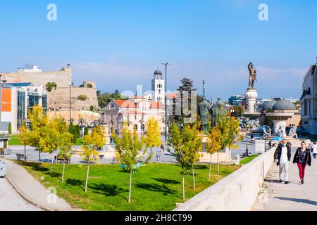 View from Stone Bridge towards Crvena Skopska Opstina, Old Bazaar, and Fortress, Skopje, North Macedonia Stock Photo