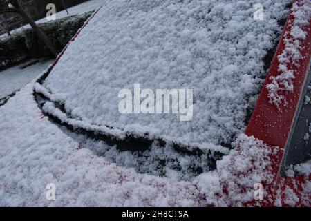 Snow on a car windscreen. Stock Photo
