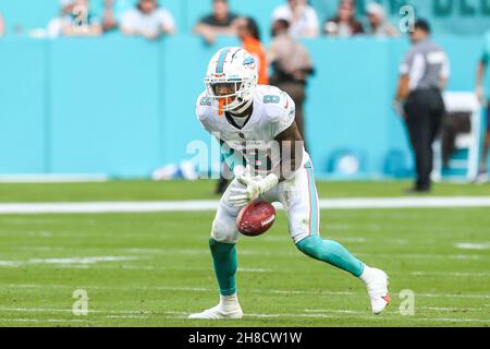 Miami Dolphins free safety Jevon Holland (8) walks off the field