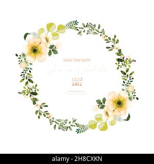 Watercolor wreath design with orange flowers and leaves. Watercolor hand-painted with floral bouquet isolated on white background. Suitable for weddin Stock Vector