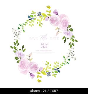 Watercolor wreath design with pastel rose and green leaves. Watercolor hand-painted with floral bouquet isolated on white background. Stock Vector