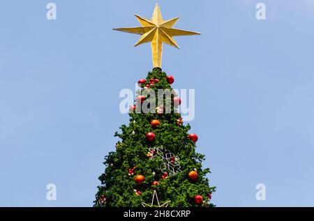 Star ornament puts on the top of big Christmas tree with colorful baubles and other ornaments. Stock Photo