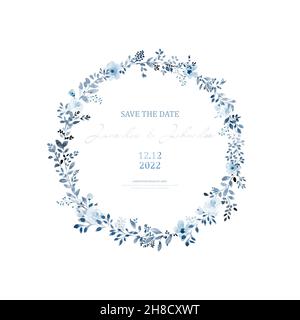 Watercolor wreath of blue flower and leaves. Watercolor hand-painted with monochrome floral round frame isolated on white background. Suitable for wed Stock Vector