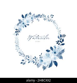 Watercolor wreath of blue flower and leaves. Watercolor hand-painted with monochrome floral round frame isolated on white background. Suitable for wed Stock Vector