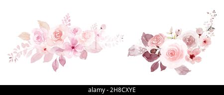Watercolor light pink and red floral bouquets set. Composition of floral watercolor hand-painted isolated on white background. Stock Vector