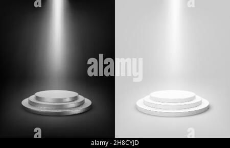 Realistic 3d stage. White and black podium or scene. Empty studio with podium for advertising design. Vector illustration Stock Vector