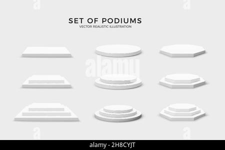 Round hexagonal and square stage collection. Set of empty podiums isolated on white background. Vector illustration Stock Vector