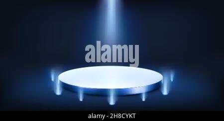 Blue round podium on dark background. Empty pedestal for award ceremony. Platform illuminated by spotlights. Vector illustration Stock Vector